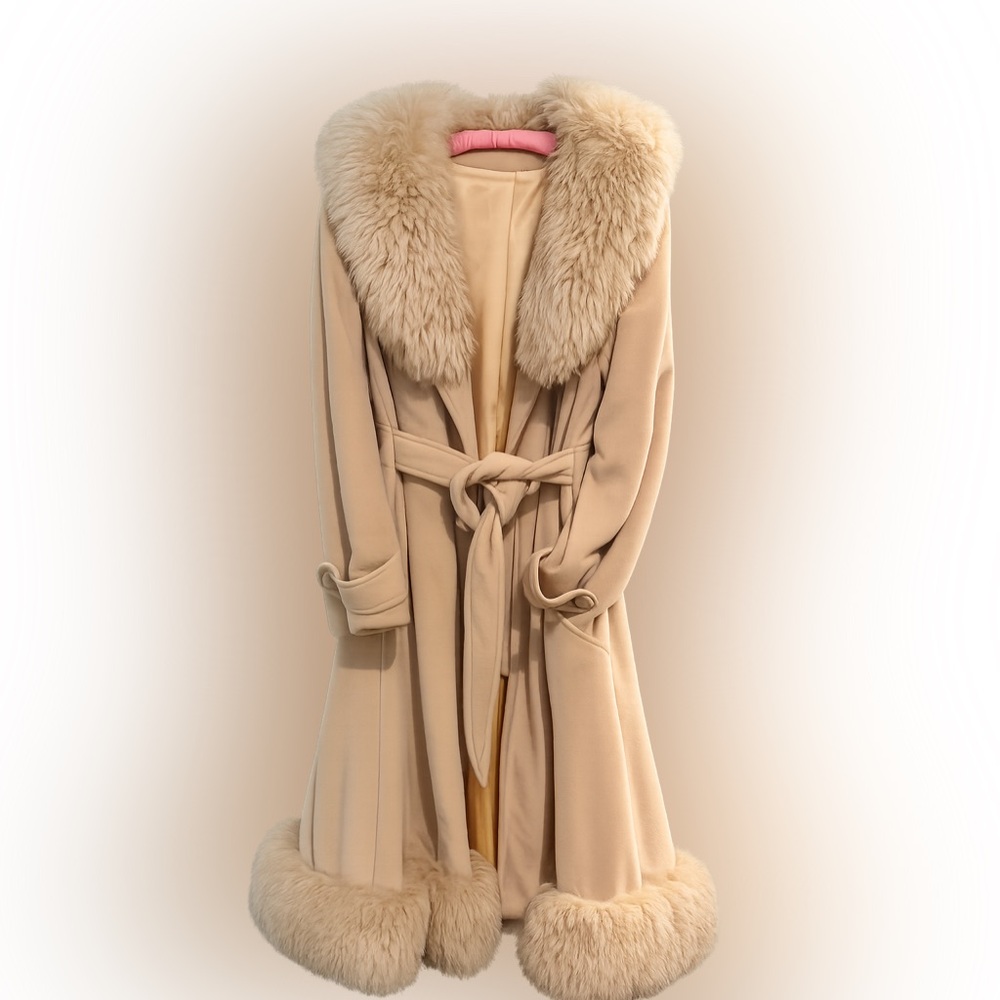 Elegant Tan Trench Coat with Faux Fur Collar with Union Tag S/M